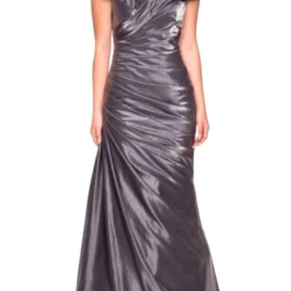 La Femme Runched Satin Trumpet Gown Gunmetal #27846 New with Tag - Picture 9 of 9